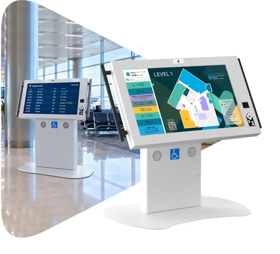 Duraline Angled Accessibility Kiosks showing a wayfinding map and a departures board