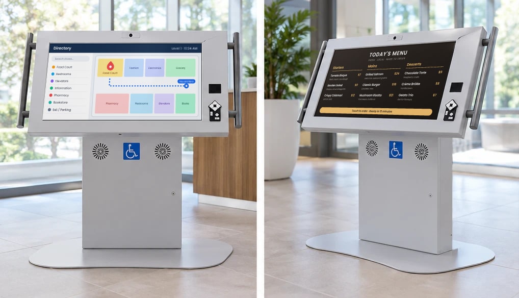 Two kiosks, one with a wayfinding directory, one with a restaurant menu