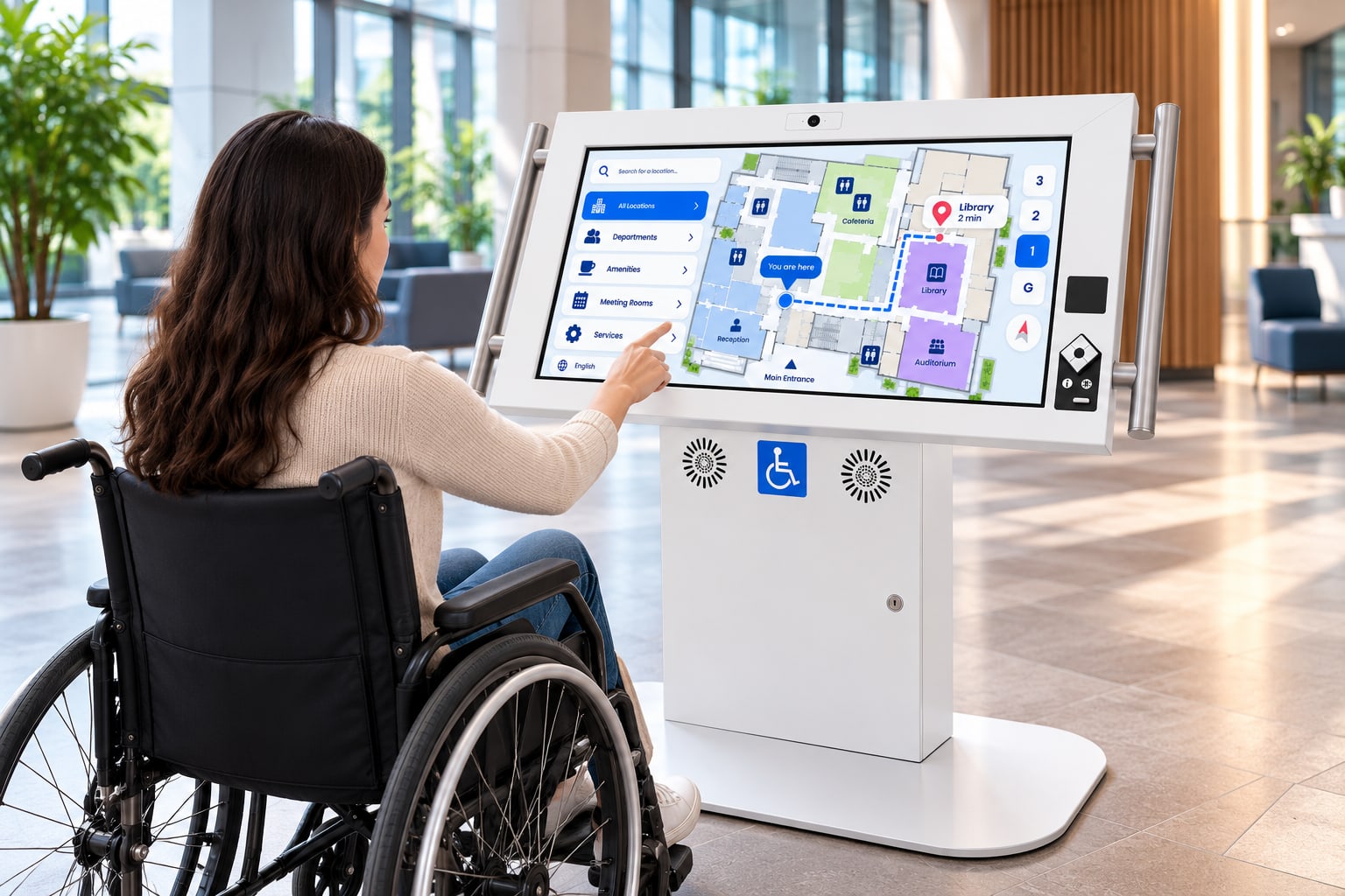 A visitor in a wheelchair using the kiosk's wayfinding map in a lobby