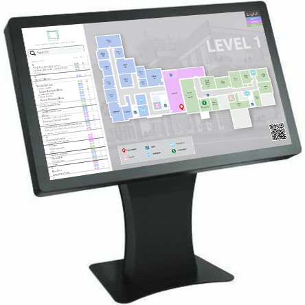 Duraline Angled Kiosk en negro brillante, con un plano interactivo de piso