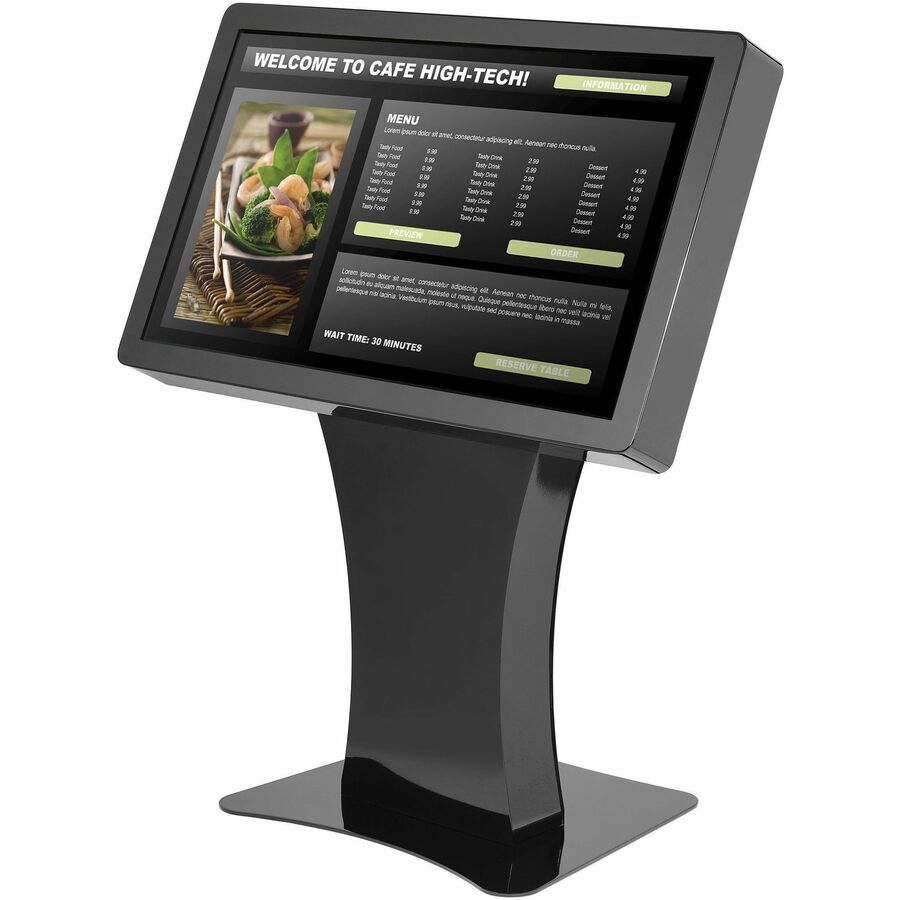 Duraline Angled Kiosk en negro brillante, con un menú de restaurante