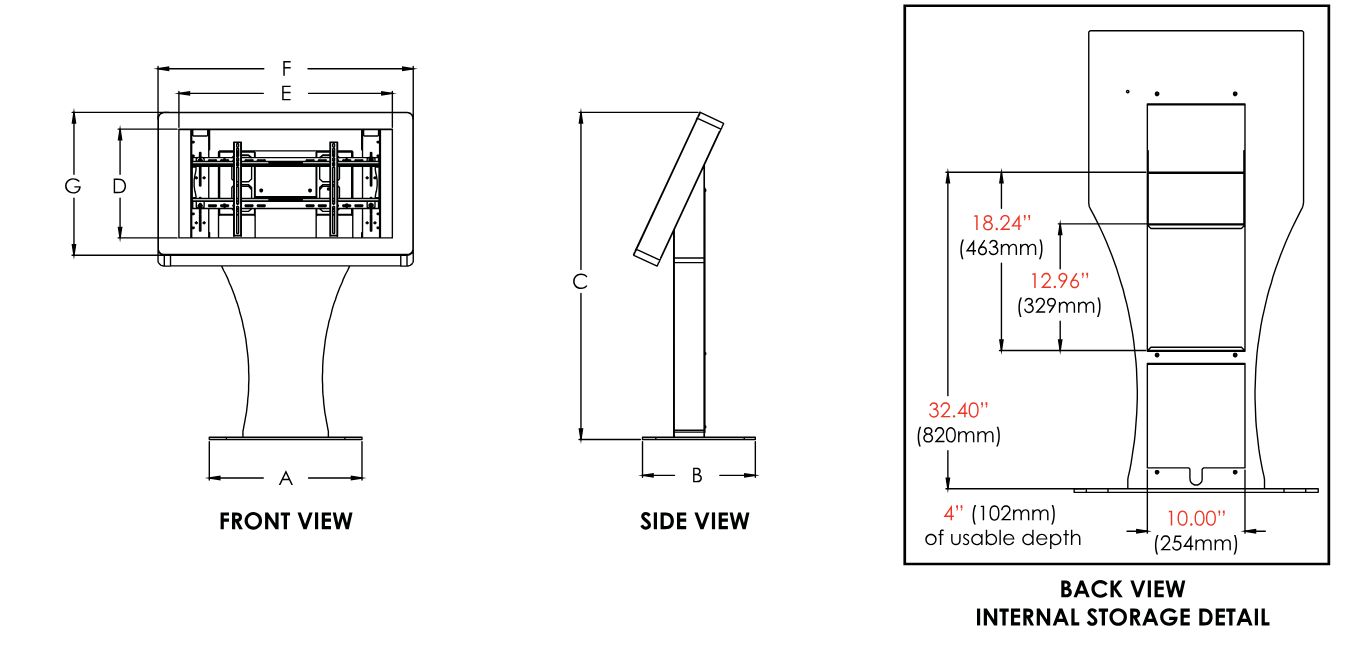 Planos con dimensiones: vista frontal (A, D a G), vista lateral (B, C) y vista posterior del espacio de almacenamiento interno (4" o 102 mm de profundidad útil)