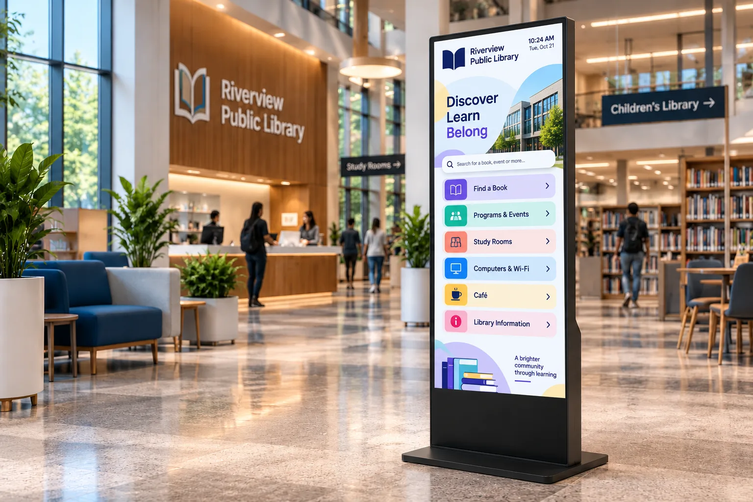 Library welcome kiosk with a directory of services