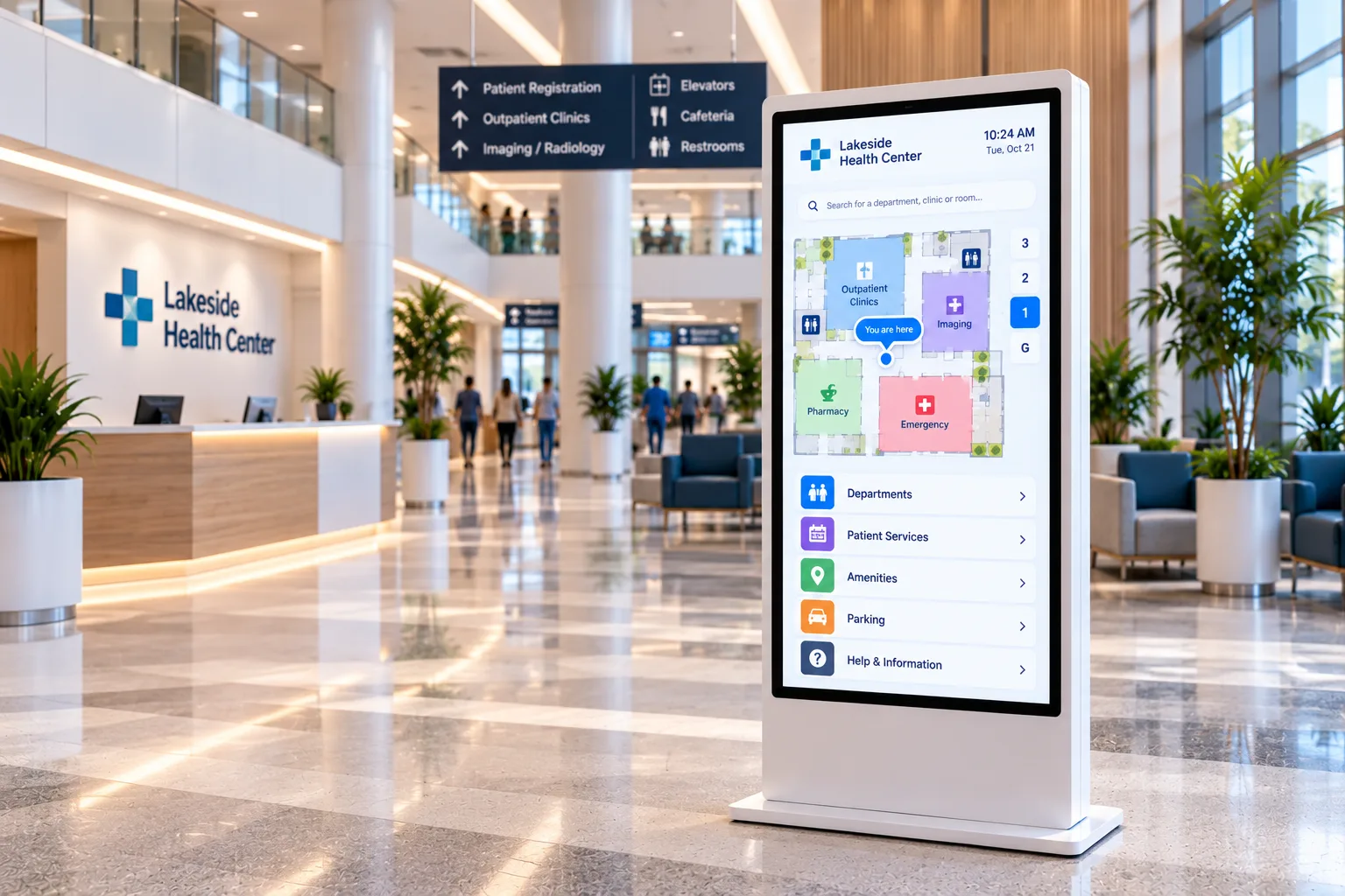 Portrait wayfinding kiosk in a hospital lobby