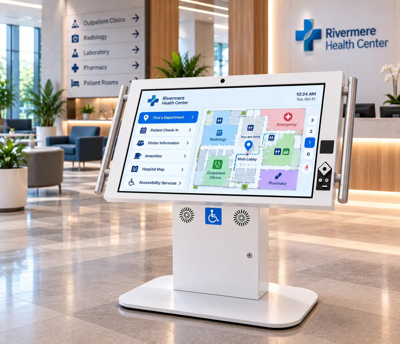 Accessible kiosk with a hospital map at a health centre
