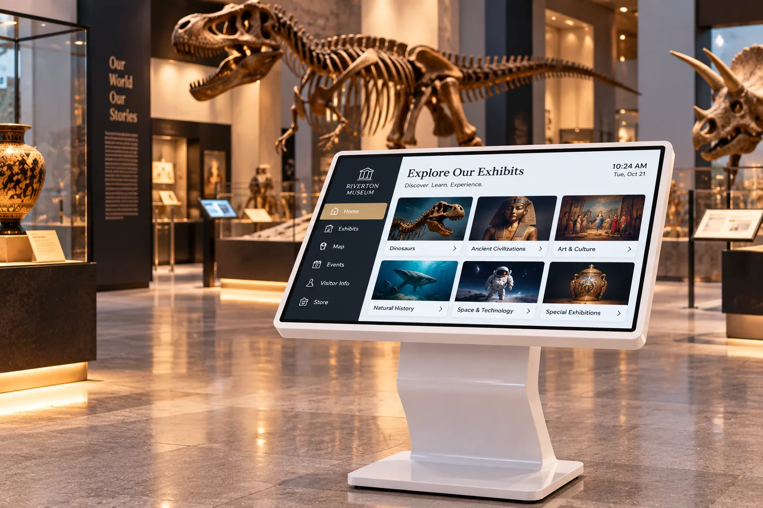 Interactive exhibit explorer kiosk in a museum gallery