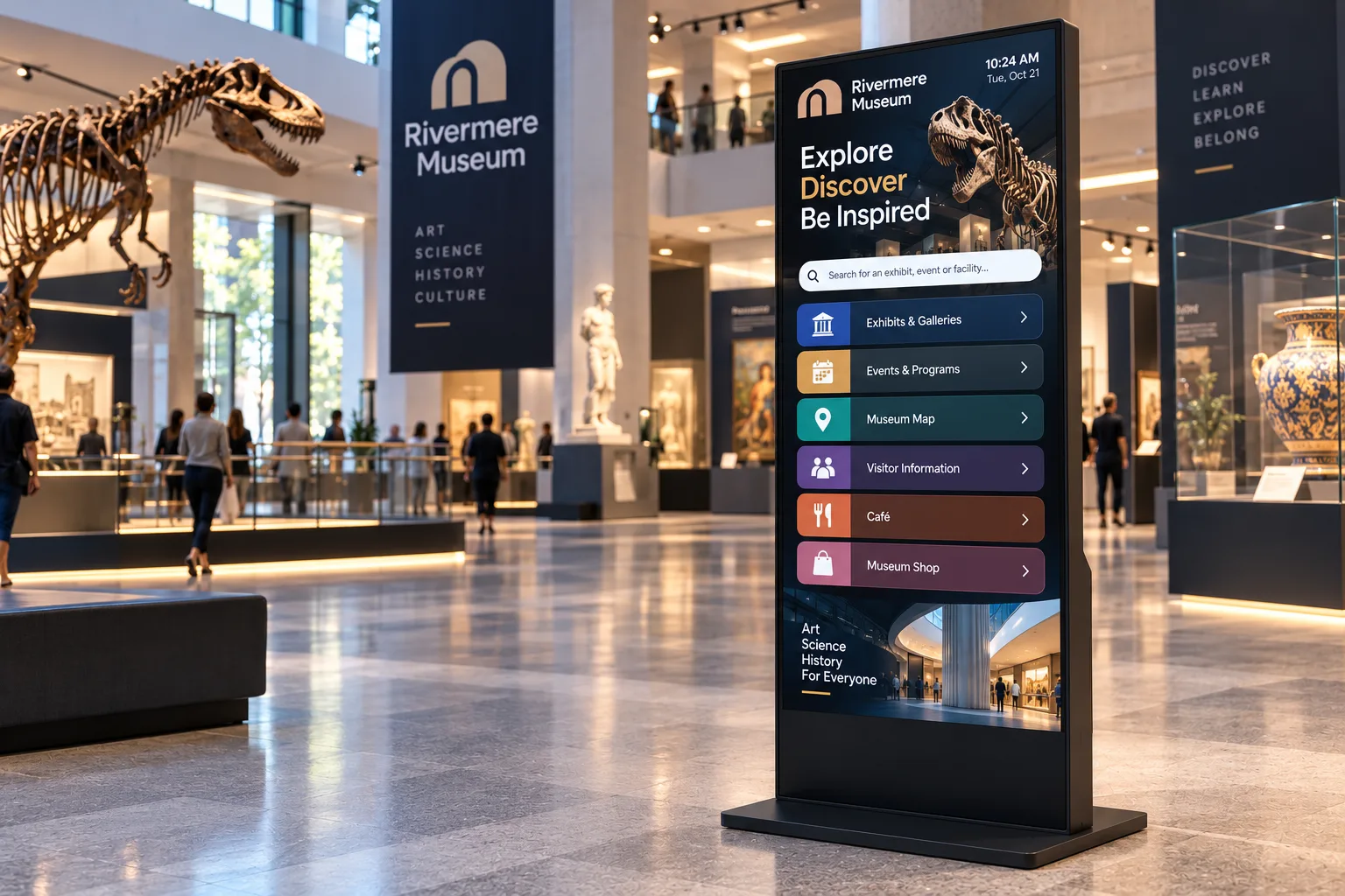 Museum directory kiosk beside a dinosaur skeleton