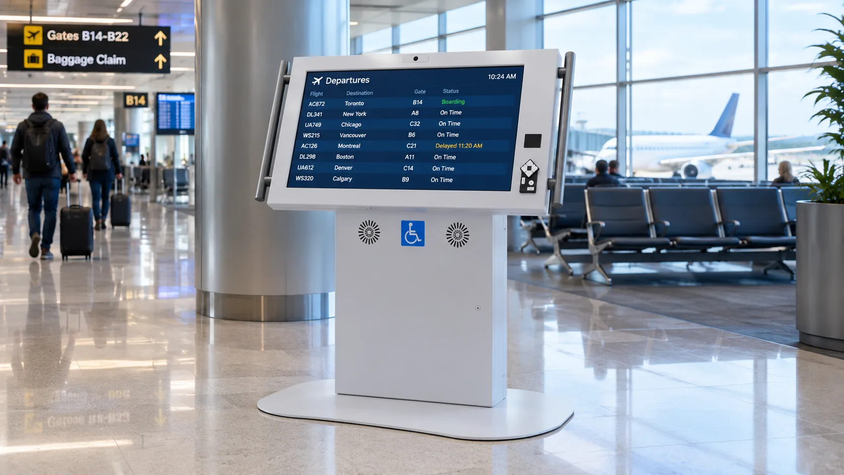 Kiosk showing a departures board in an airport terminal