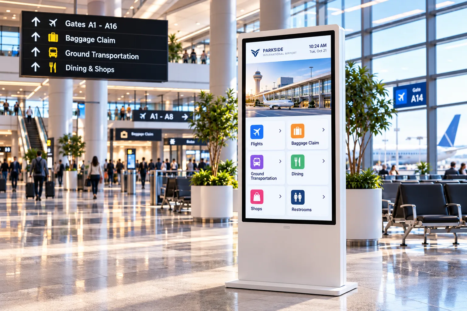 Portrait wayfinding kiosk in an airport concourse